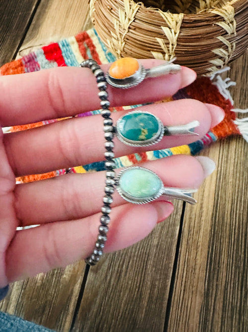 Handcrafted 3mm Sterling Silver Pearl, Turquoise & Spiny Oyster Blossom Stretch Bracelet