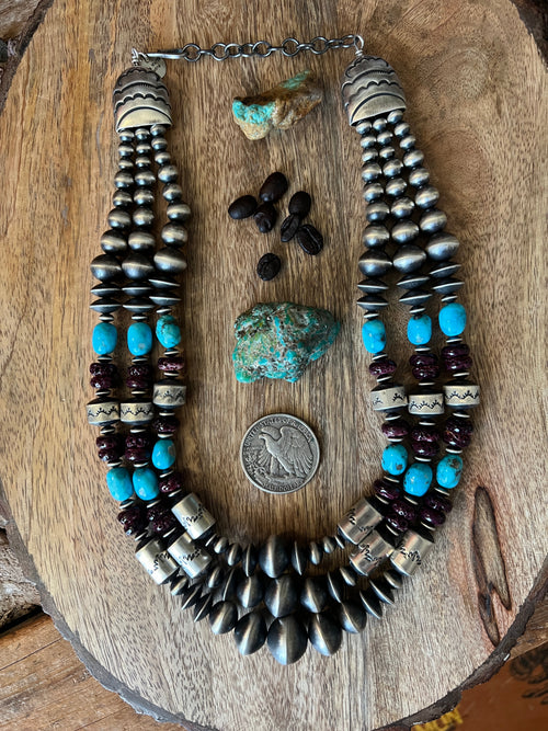 Rose Martin Handcrafted Triple Strand Sterling Silver, Spiny Oyster and Sonoran Mountain Bead Necklace