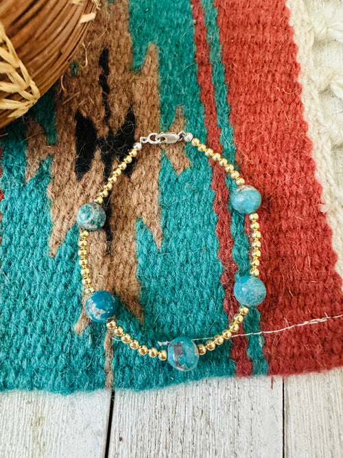 Navajo Gold Plated Sterling Silver Pearl & Turquoise Beaded Bracelet