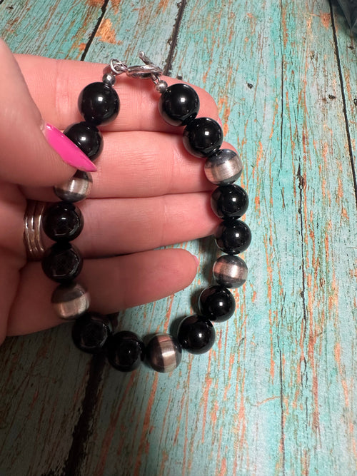 Navajo 10mm Sterling Silver Pearl & Black Onyx Beaded Bracele