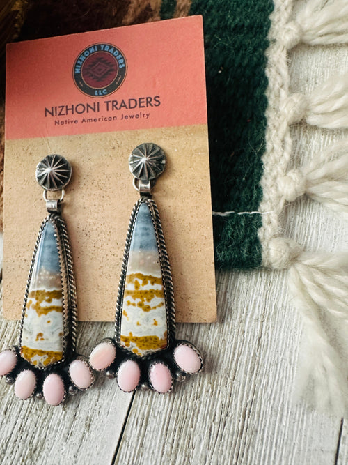 Old Pawn Navajo Fossilized Coral, Queen Pink Conch & Sterling Silver Dangle Earrings