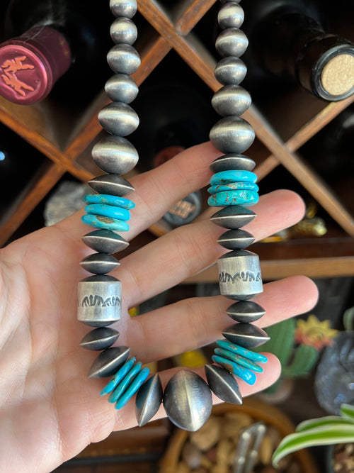 Navajo Sterling Silver and Kingman Turquoise Handmade Beaded Necklace by Rose Martin, 18 Inches