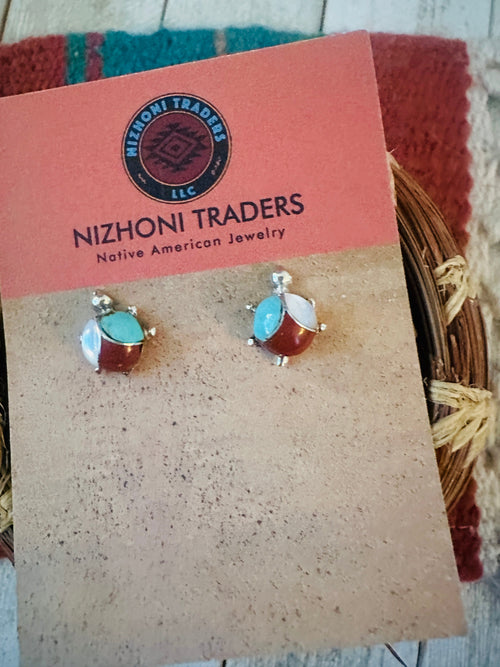 Handcrafted Old Pawn Sterling Silver & Multi Stone Turtle Stud Earrings