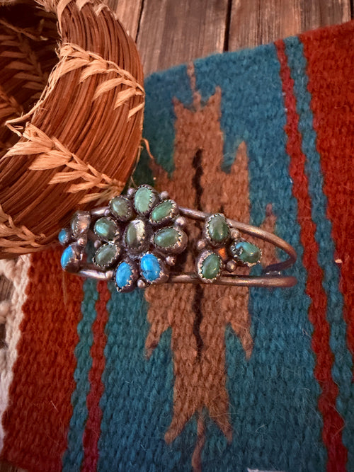 Handcrafted Old Pawn Sterling Silver & Turquoise Cluster Cuff Bracelet