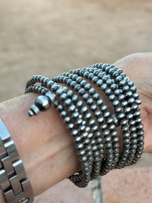 Navajo Sterling Silver Pearl Beaded Wrap Bracelet