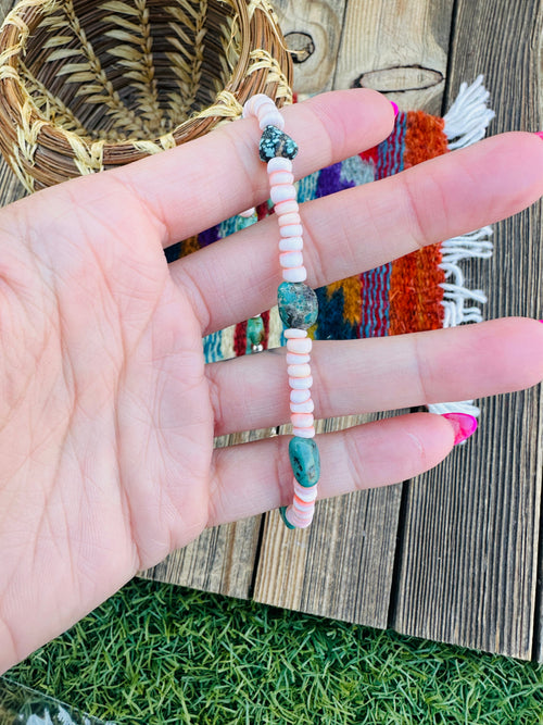 Handcrafted Turquoise, Queen Pink Conch & Sterling Silver Beaded Anklet
