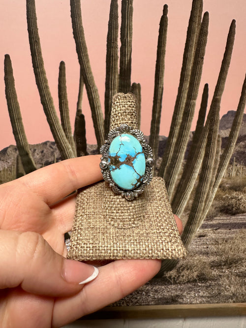 Beautiful Handmade Golden Hills Turquoise And Sterling Silver Adjustable Single Stone STATEMENT Ring