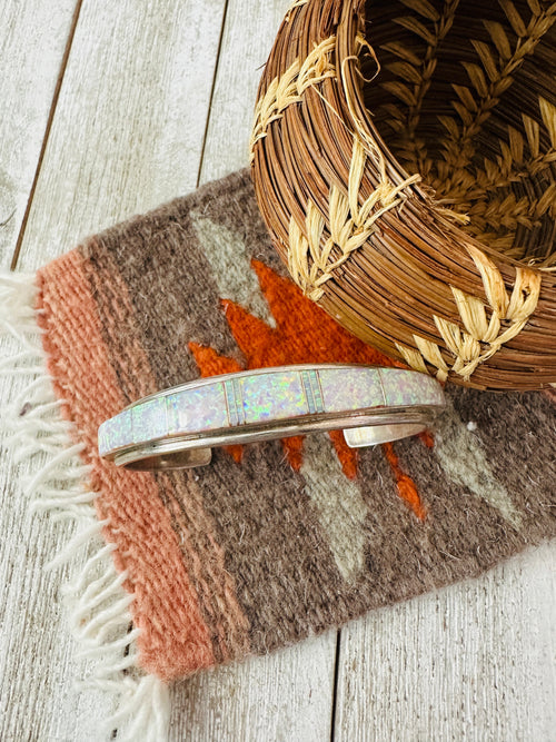 Old Pawn Navajo White Opal & Sterling Silver Inlay Cuff Bracelet