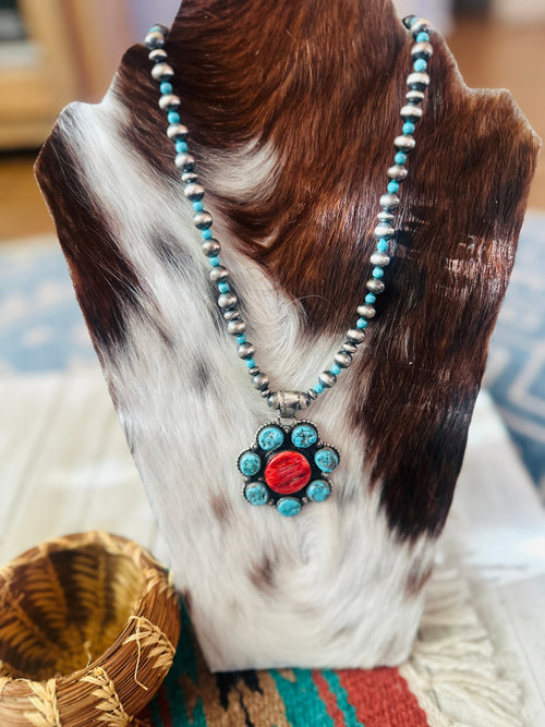 Handcrafted Turquoise, Spiny & Sterling Silver Pearl Beaded Flower Necklace 18"