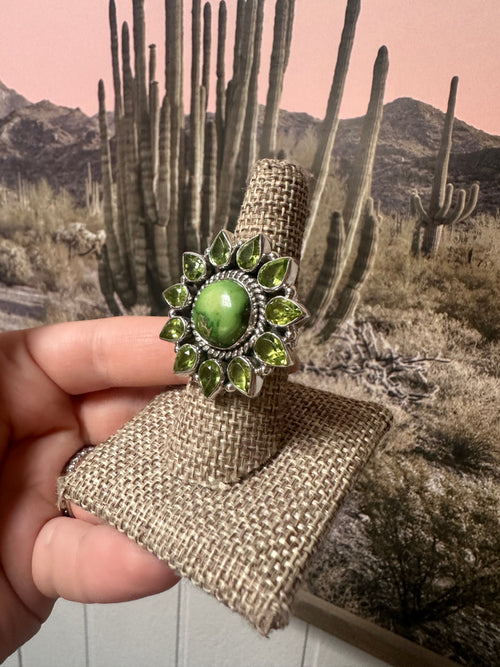 Handmade Sterling Silver, Sonoran Turquoise & Peridot Cluster Adjustable Ring