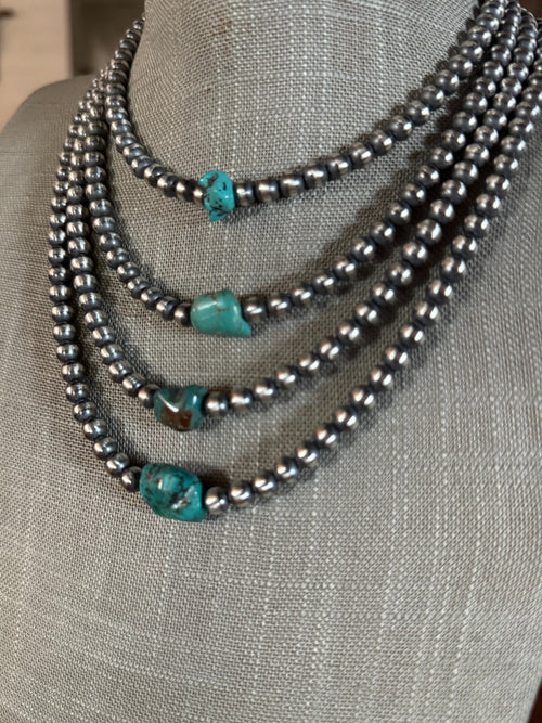 Handcrafted Kingman Turquoise & Sterling Silver 6mm Beaded Necklace