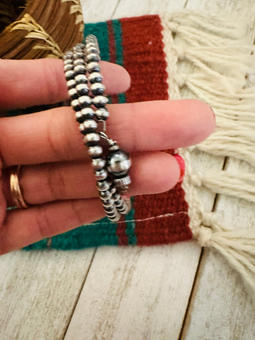 Navajo Sterling Silver Pearl Beaded Wrap Bracelet 3 row