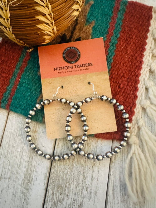 Navajo Sterling Silver Pearl Beaded Dangle Hoop Earrings
