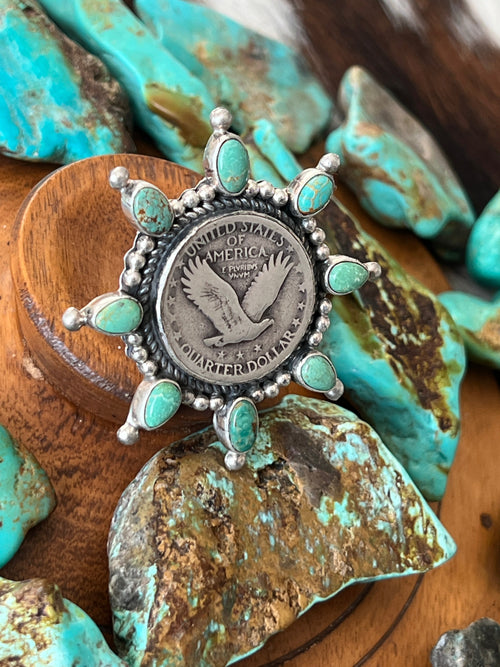 Rosella Paxson Sterling Silver, Liberty Quarter and Hubei Turquoise Cluster Ring, Size 7.25