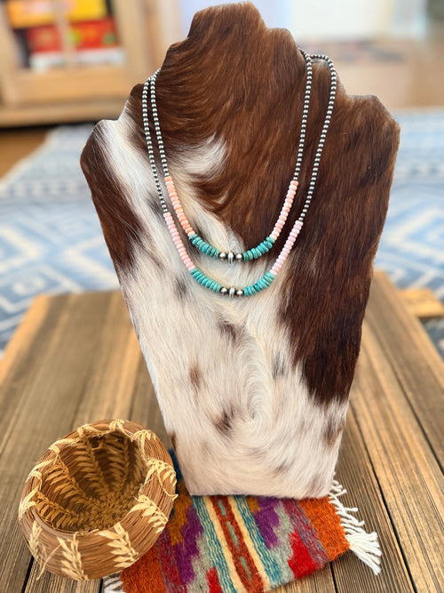 Handcrafted Turquoise, Queen Pink Conch and Sterling Silver Pearl Beaded Necklace