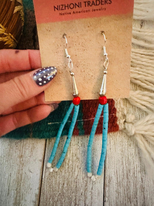 Handcrafted Old Pawn Turquoise & Coral Beaded Dangle Earrings