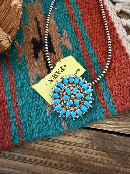 Old Pawn Handcrafted Turquoise and Sterling Silver Cluster Pendant