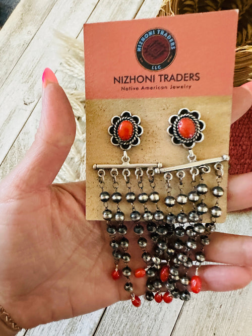 Navajo Coral  & Sterling Silver Pearl Beaded Tassel Dangle Earrings