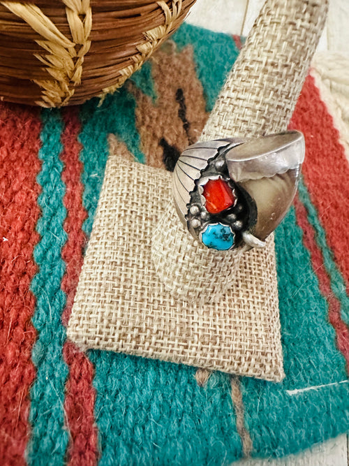 Old Pawn Handcrafted Turquoise, Coral & Sterling Silver Ring Size 9.5