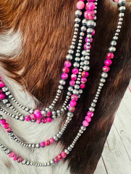 Navajo Sterling Silver & Pink Mojave Beaded Necklace