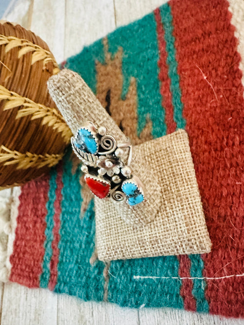 Old Pawn Navajo Sterling Silver, Turquoise & Coral Ring