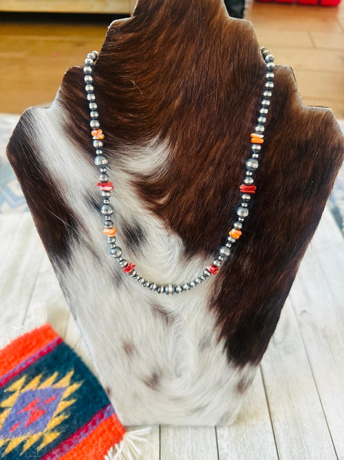 Navajo Sterling Silver & Spiny Oyster Beaded 18” Necklace