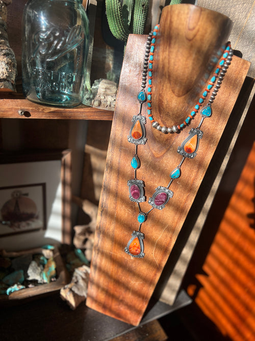 Artisan Kingman Turquoise, Spiny Oyster and Sterling Silver Bead Necklace