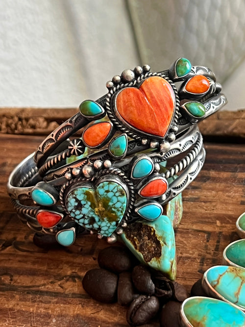 Handcrafted Split Sterling Silver, Kingman Turquoise Heart & Spiny Oyster Cuff Bracelet by Diane Wylie