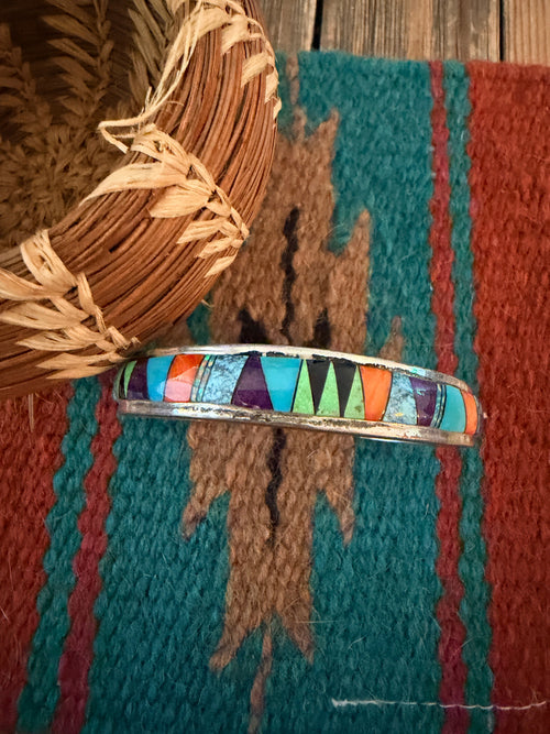 Handcrafted Old Pawn Sterling Silver & Multi Stone Inlay Cuff Bracelet