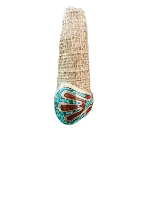 Old Pawn Navajo Sterling Silver, Turquoise & Coral Chip Inlay Ring Size 10