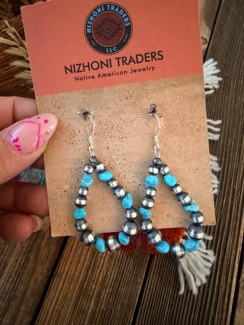 Handcrafted Turquoise & Sterling Silver Pearl Beaded Dangle Hoop Earrings