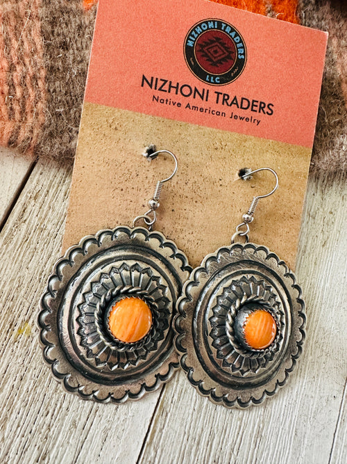 Navajo Orange Spiny and Sterling Silver Concho Dangle Earrings