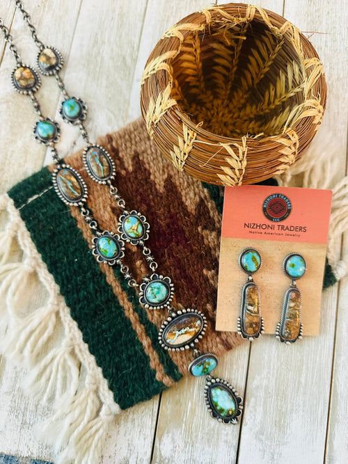 Navajo Sterling Silver, Ribbon and Sonoran Turquoise Necklace and Earring Set by Diane Wylie