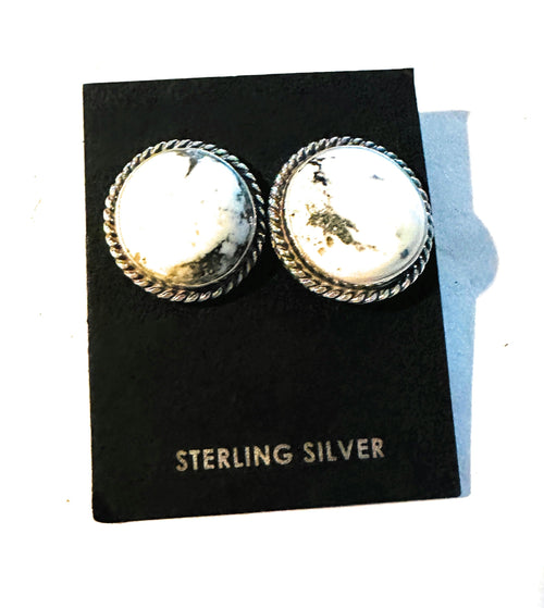 Navajo White Buffalo and Sterling Silver Circle Post Earrings