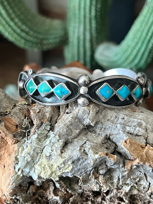 Vintage Zuni Sterling Silver and Three Diamond Turquoise Panel Stacker Cuff Bracelet