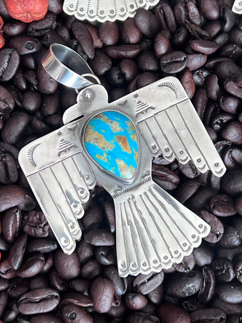 Kimari Somers Hand Stamped Sterling Silver & Kingman Turquoise Thunderbird Pendant 3