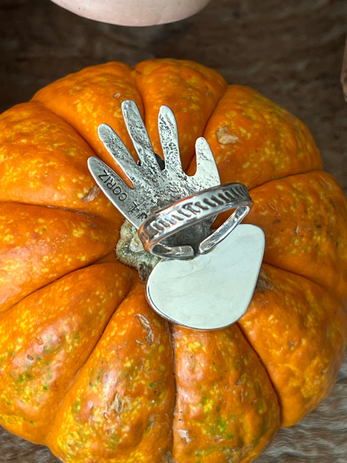 Handcrafted Sterling Silver, Turquoise and Black Onyx Hand Ring by Jay Coriz, Size 8