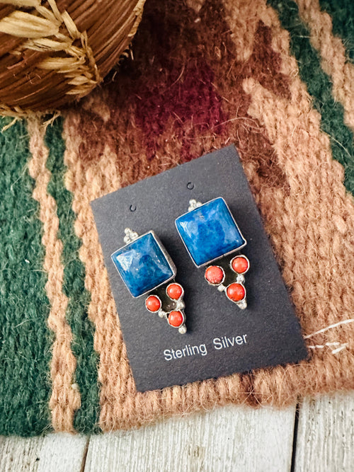 Old Pawn Navajo Sterling Silver, Lapis & Coral Dangle Earrings