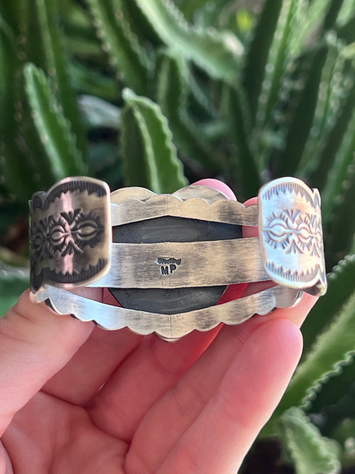 Navajo Sterling Silver and Orange Spiny Oyster Shell Heart Cuff Bracelet by Murphy Platero