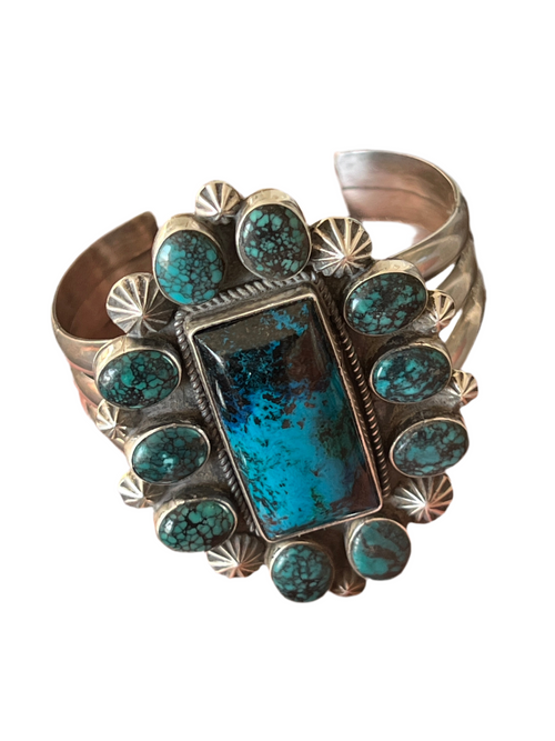 Apache Sterling Silver, Hubei Turquoise and Chrysocolla Azurite Cuff Bracelet by Rosella Paxson