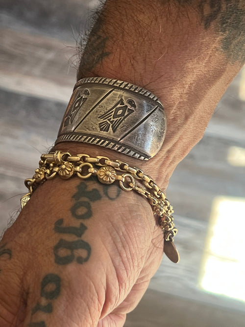 Hand Forged Old Pawn Sterling Silver Ingot Cuff Bracelet by Santa Fe Artist, Buffalo: The Birds