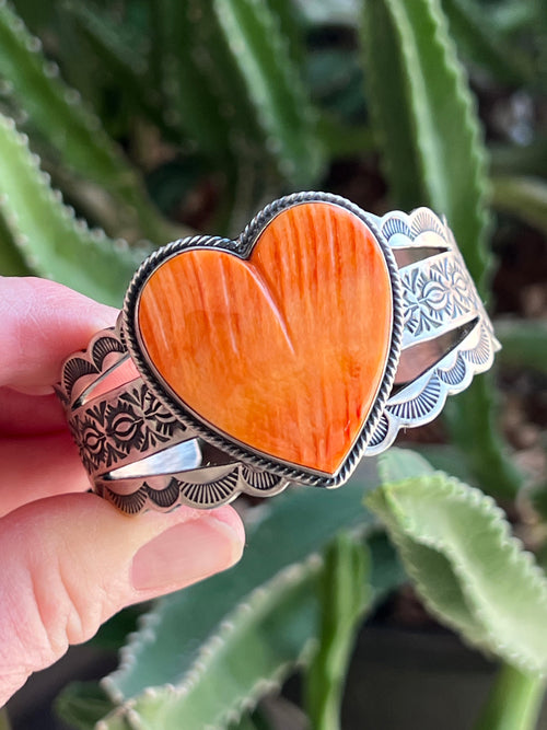 Navajo Sterling Silver and Orange Spiny Oyster Shell Heart Cuff Bracelet by Murphy Platero