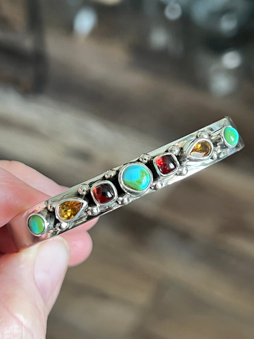 Navajo Made Sterling Silver Gems & Jewels Stacker Cuffs Bracelet by Lucy Jake, Narrow