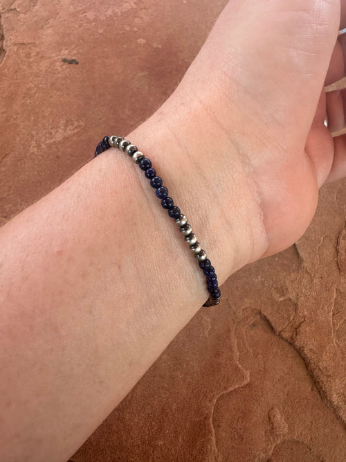 Handmade Lapis & Sterling Silver Beaded Stretch Bracelet