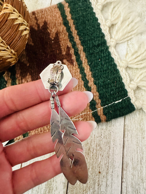 Old Pawn Navajo Sterling Silver, Turquoise & Onyx Feather Clip On Dangle Earrings