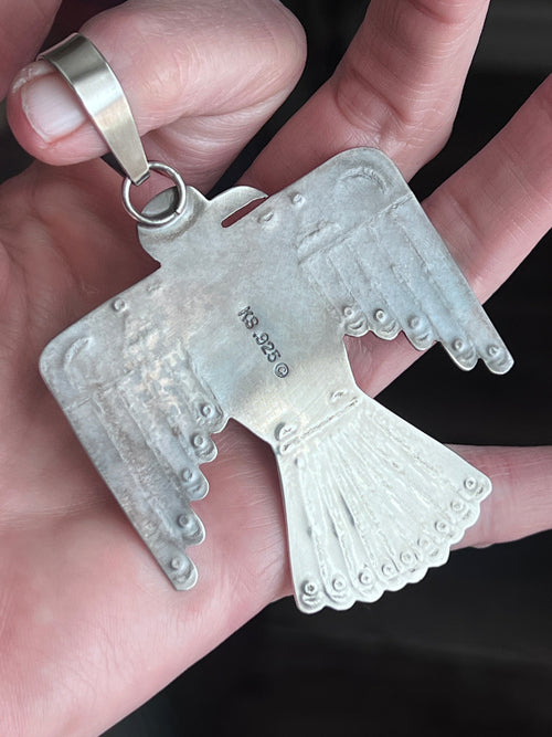 Kimari Somers Hand Stamped Sterling Silver & Kingman Turquoise Thunderbird Pendant 7
