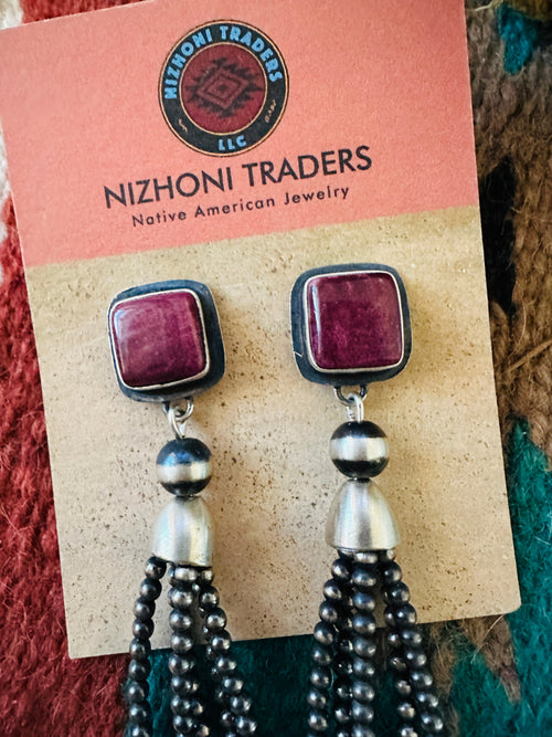 Navajo Purple Spiny & Sterling Silver Pearl Beaded Tassel Dangle Earrings by Emerson Thompson