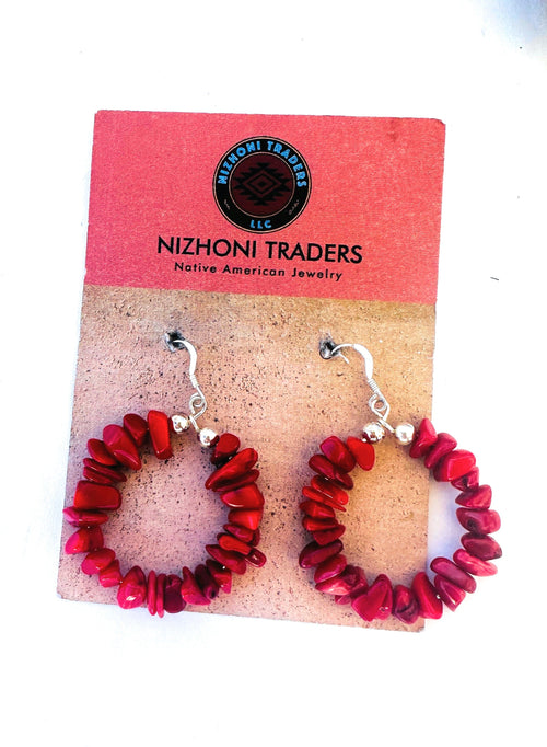 Navajo Sterling Silver Apple Coral Beaded Dangle Earrings