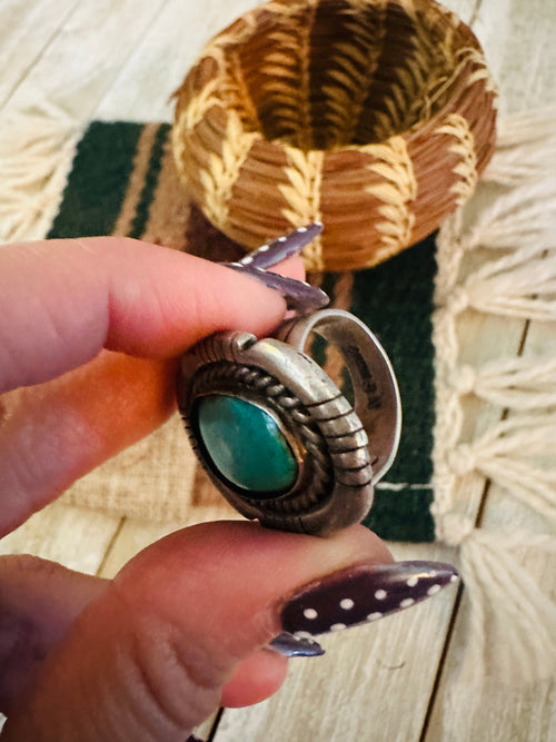 Old Pawn Handcrafted Turquoise & Sterling Silver Ring Size 7