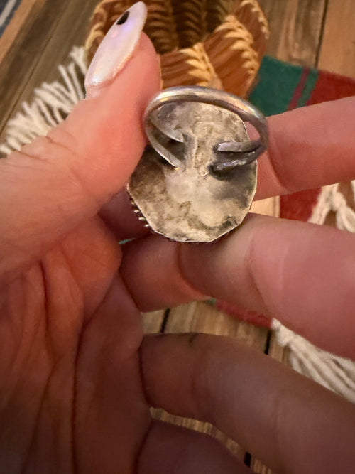 Old Pawn Handcrafted Turquoise & Sterling Silver Leaf Ring Size 5